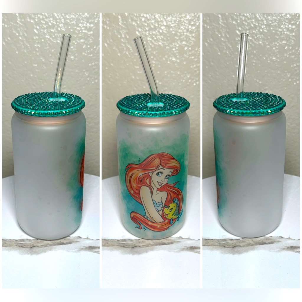 16 Oz The Little Mermaid W/ Green Rhinestone Bamboo Lid, Sublimation Glass Can